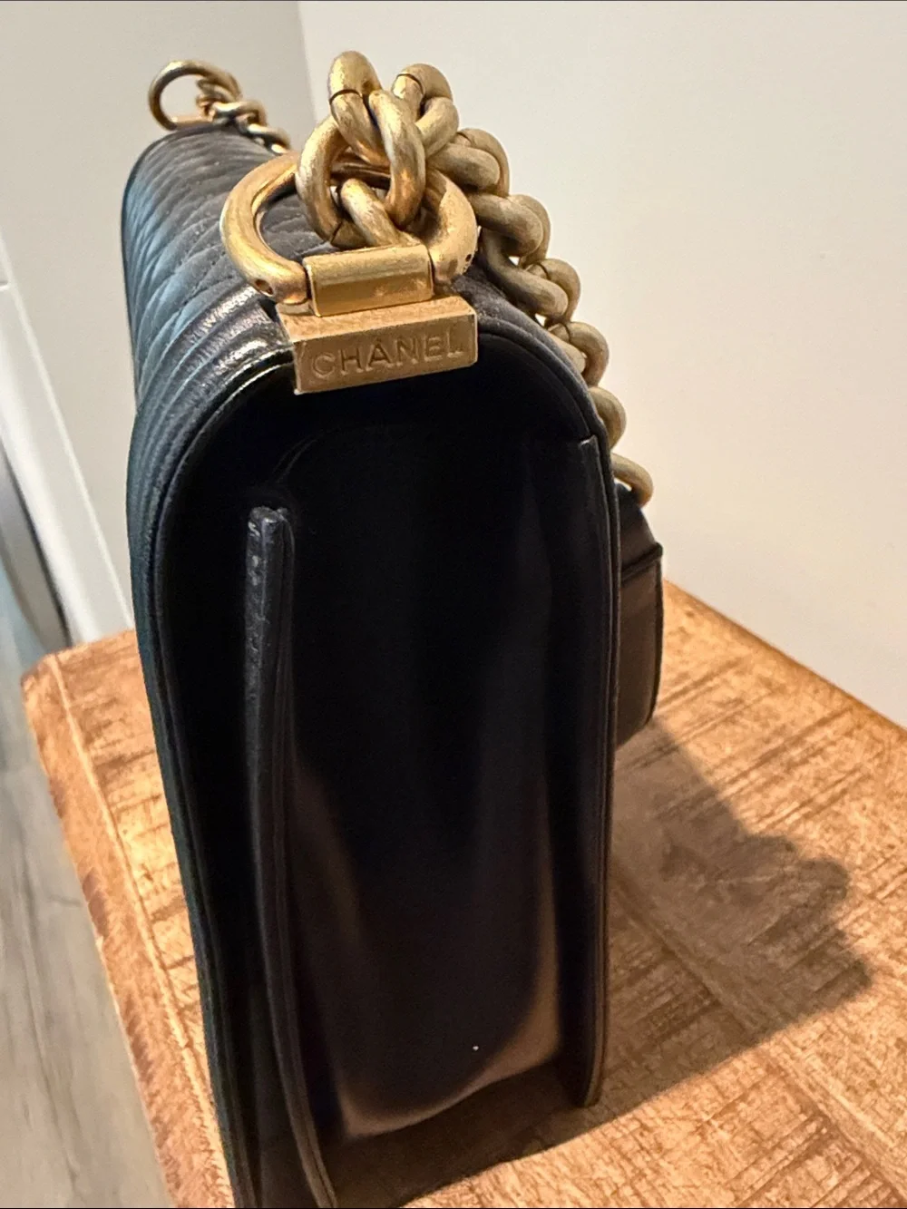CHANEL Black Quilted Boy Flap Bag with Gold Hardware